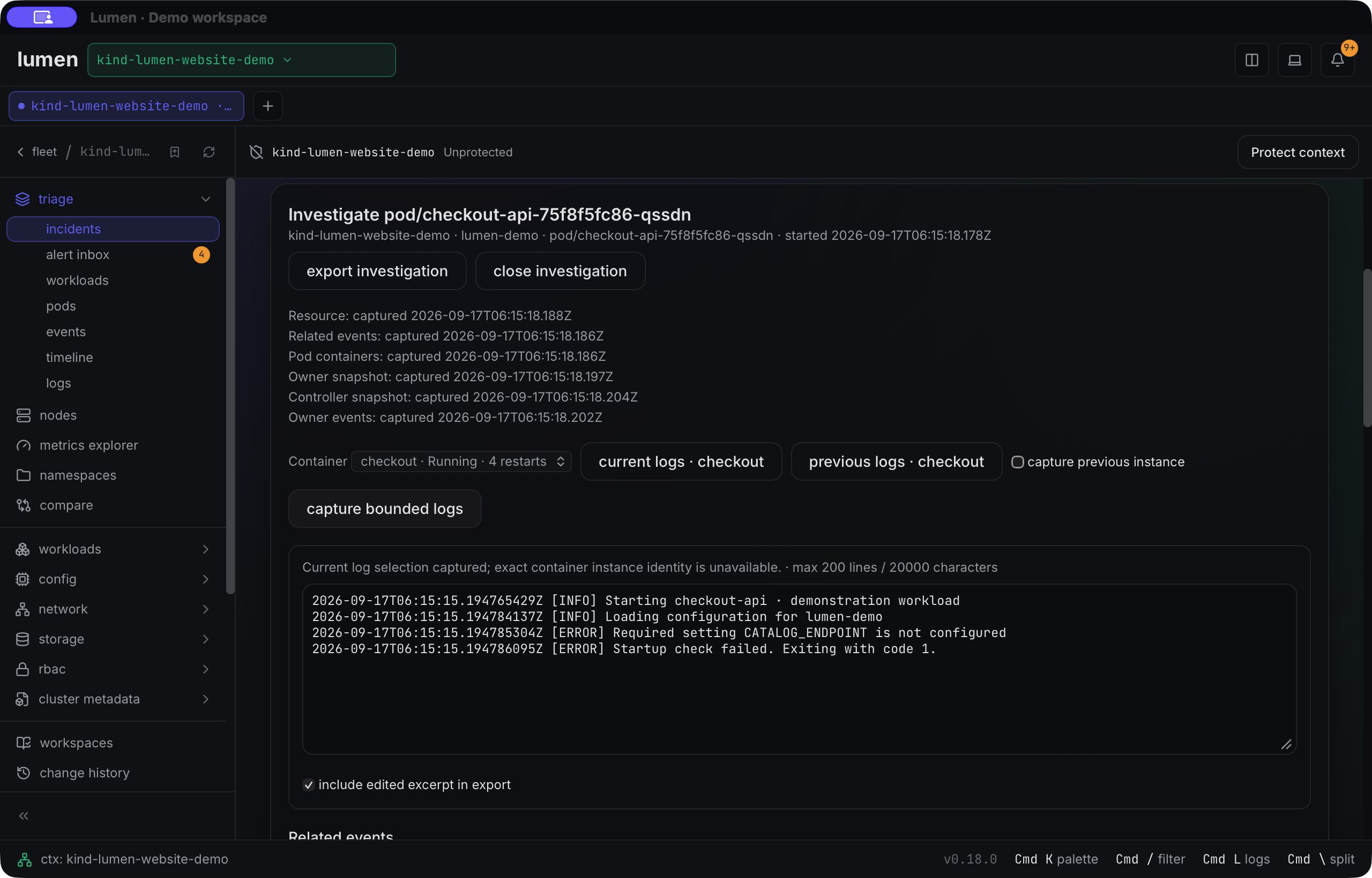 Actual Lumen investigation panel with captured checkout container logs reporting that CATALOG_ENDPOINT is not configured.