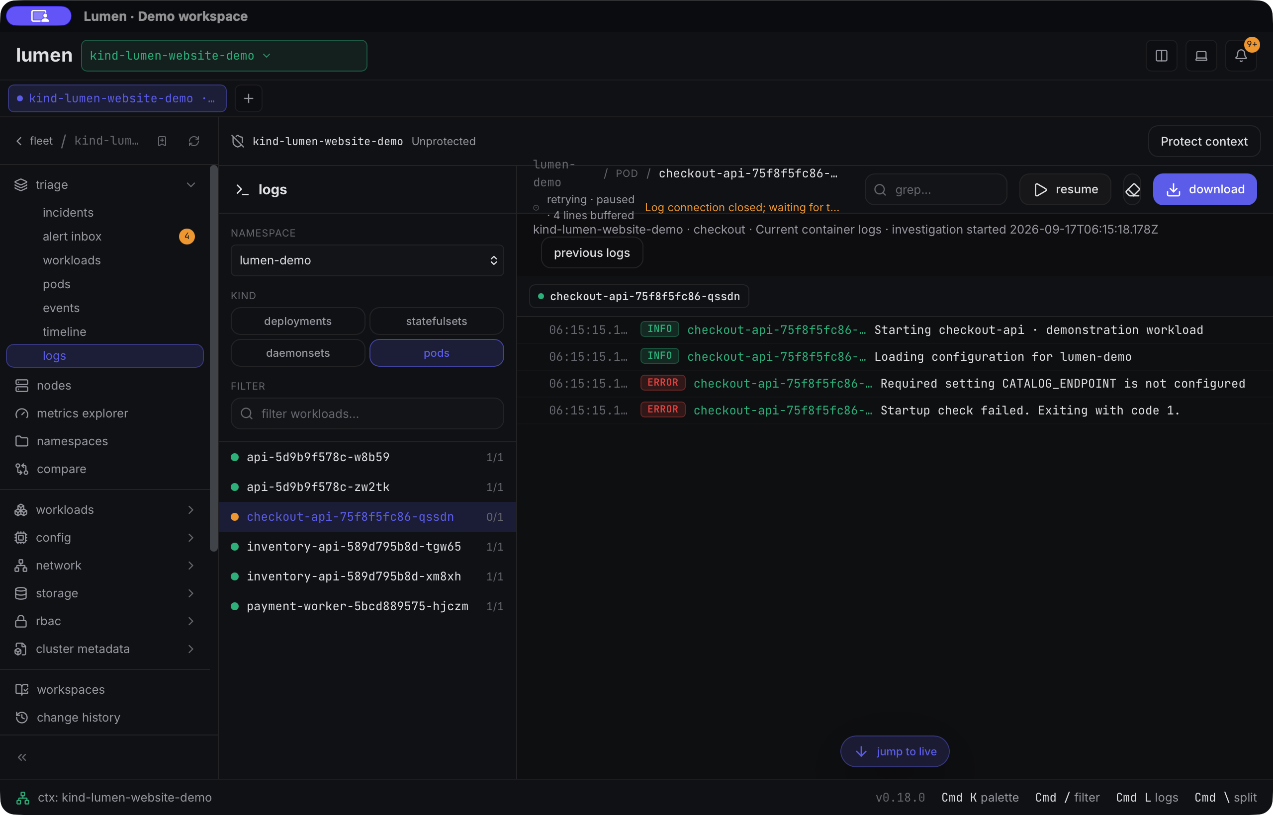 Actual Lumen log viewer with the demo container reporting a missing CATALOG_ENDPOINT setting