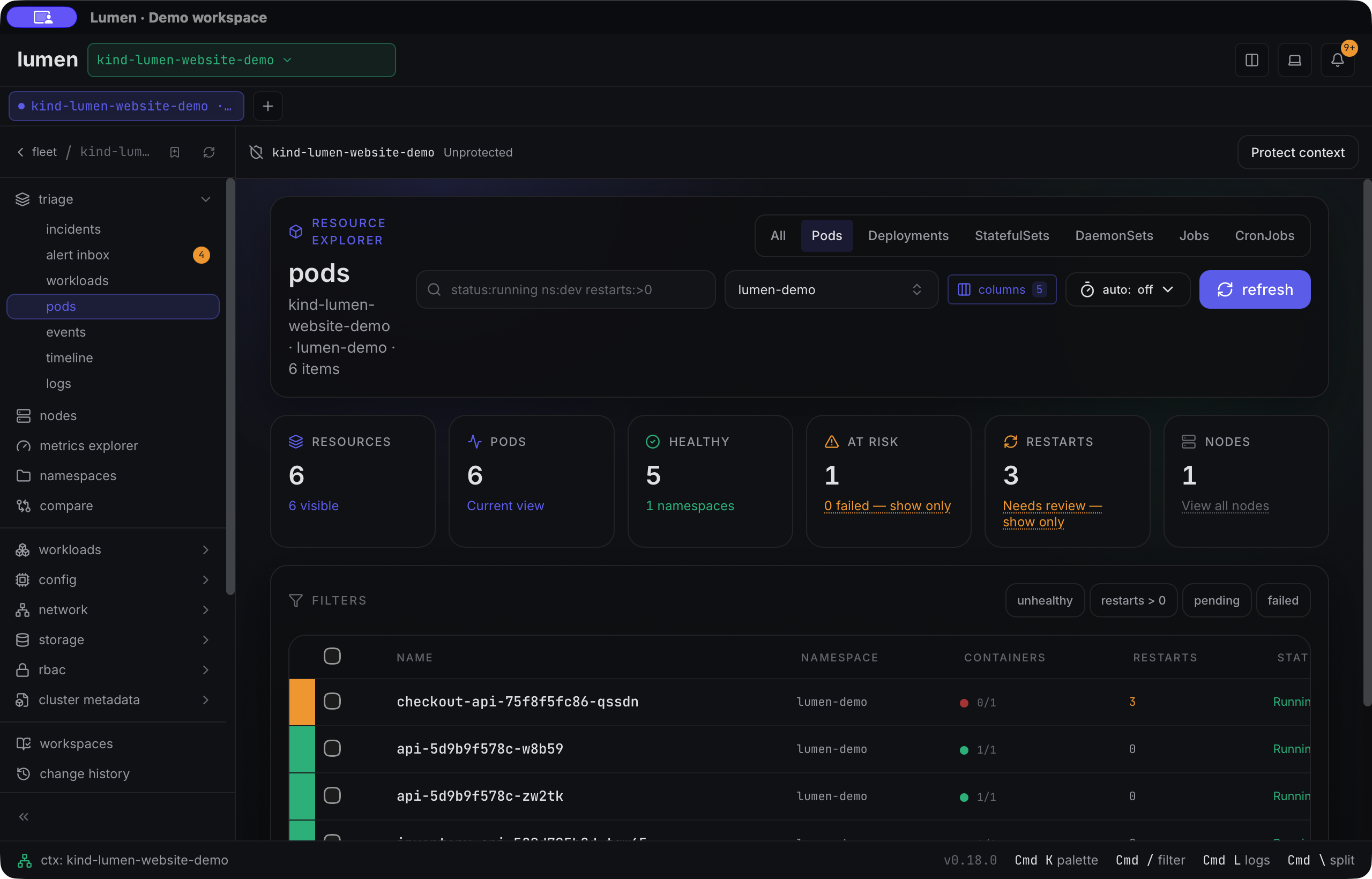 Real Lumen pod explorer showing demo pods in the lumen-demo namespace, readiness, restart counts and status.