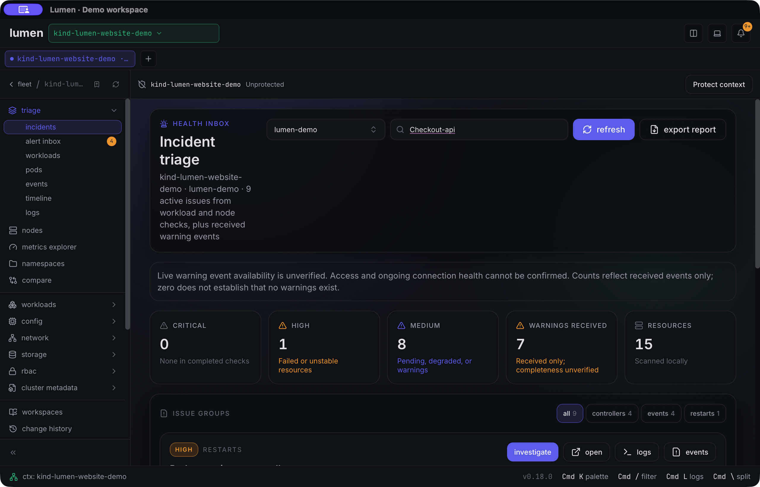 Real Lumen Incident triage screen identifying the restarting checkout-api pod, evidence and next checks in a demo cluster.